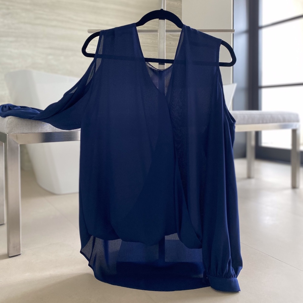 Blue Long-Sleeve Open Shoulder Dress Top